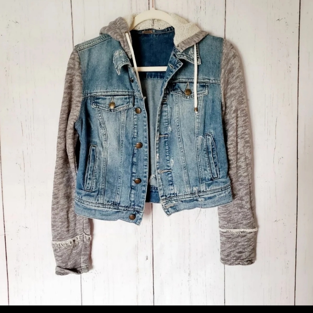 Free People denim jacket with knit sleeves